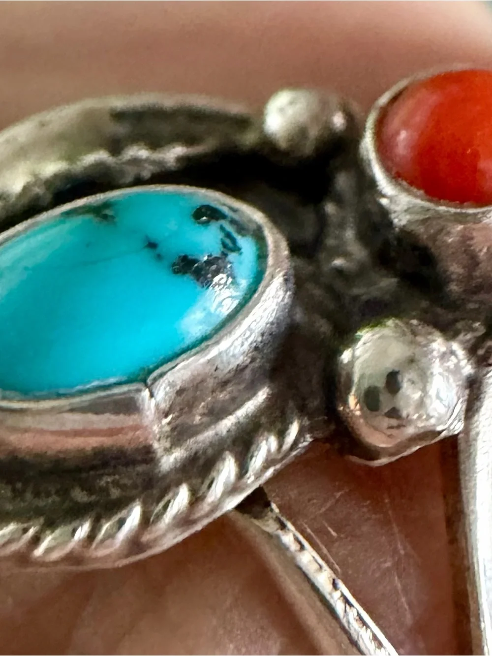 Vintage 1970’s Handmade Navajo Sterling Turquoise Coral Ring Sz 7